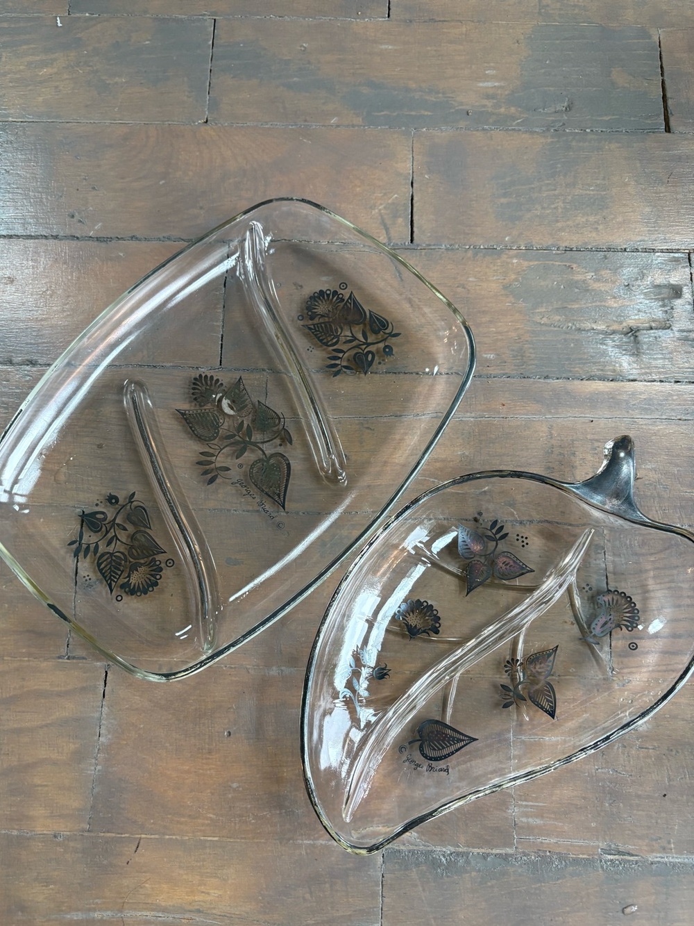 Vintage Clear Glass Divided Serving Dishes with Floral Motif by Georges Briard